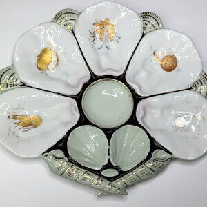 Antique French Oyster Plate Sea Motifs Gold Silver Gilt Shell Handles A737